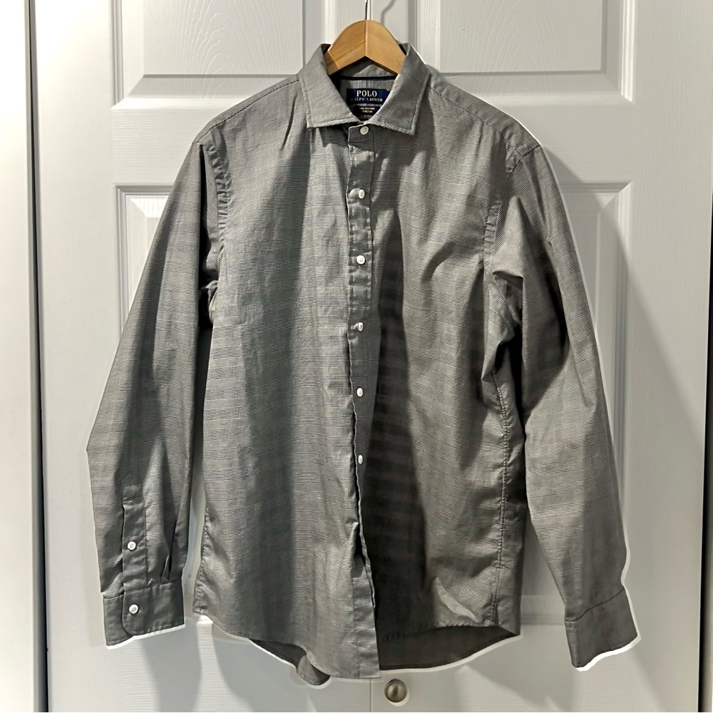 Like New! Polo by Ralph Lauren Charcoal Plaid Button Down 100% cotton stretch Lg